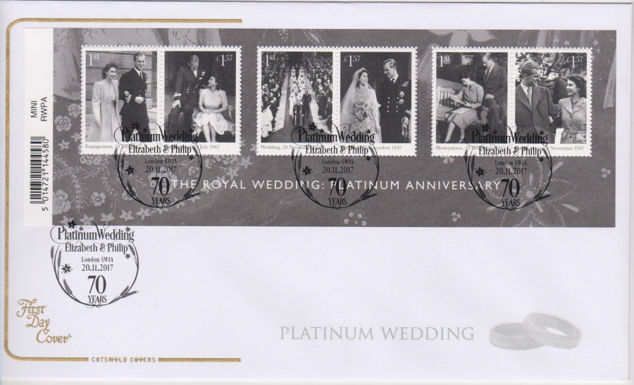 2017 The Royal Wedding Platinum Anniversary COTSWOLD MS FDC -London SW1A (70 Years) Postmark